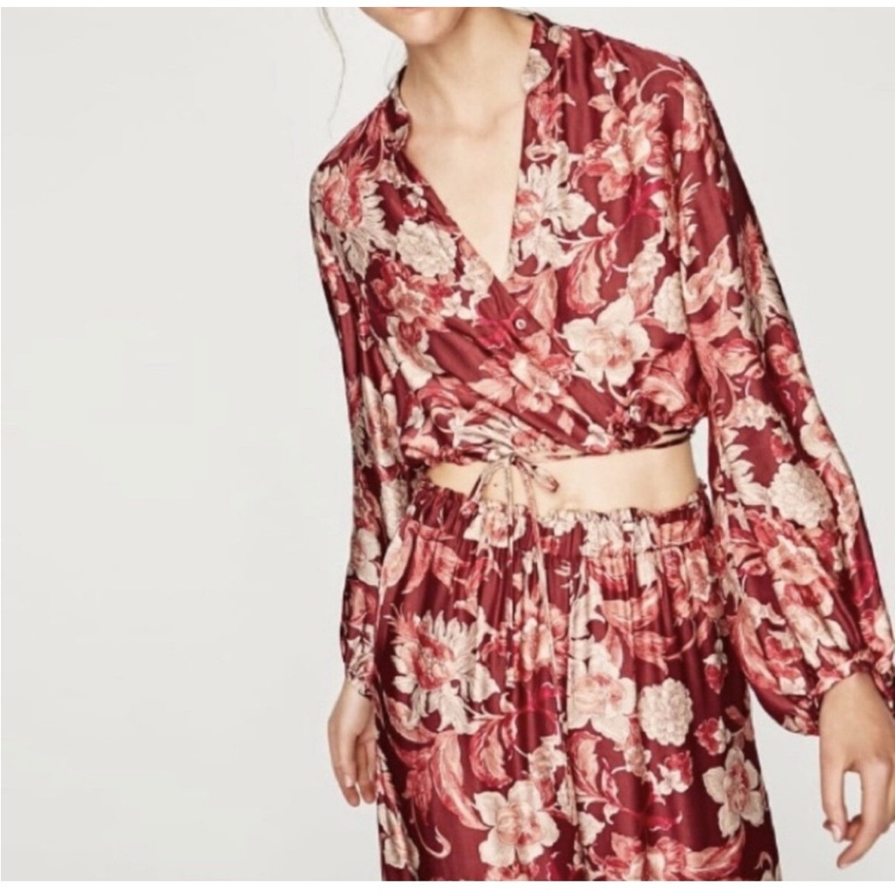 Zara Women's Boho Feminine Pink Floral Cropped Blouse Size Large - Picture 2 of 8